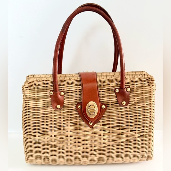 Vintage Marchioness 50s Woven Basket Top Handle Purse Bag Leather Turn Lock - Picture 1 of 11